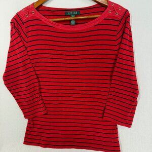Lauren Ralph Lauren Red Navy Striped Ribbed Button Shoulder Top XL